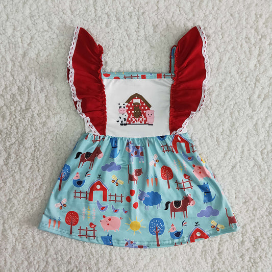 Farm cow pig cartoon red puffy short sleeve dress