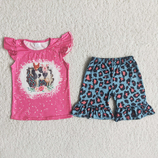 Farm puffy pink bleaching top leopard ruffles short pants set