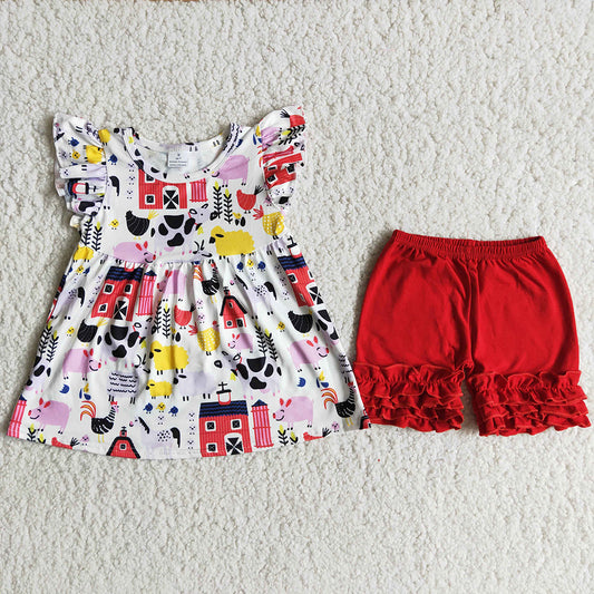 promotion A12-16 Farm cow chicken red house puffy ruffles short sleeve shorts girl summer outfit 20230105 RTS