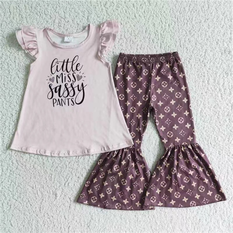 0816 RTS little miss sassy pants pink brown short sleeve bell bottom girl outfits