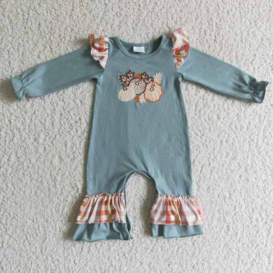 0905 RTS pumpkin embroidery blue long sleeve snap baby orange plaid ruffle girl romper