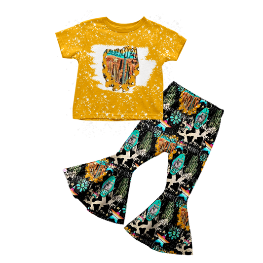 summer spring howdy gem cow cactus stars print yellow short sleeve top bell bottom girl outfits 0428