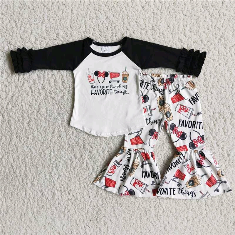 cartoon mouse coffee black raglan long sleeve bell bottom pant outfits