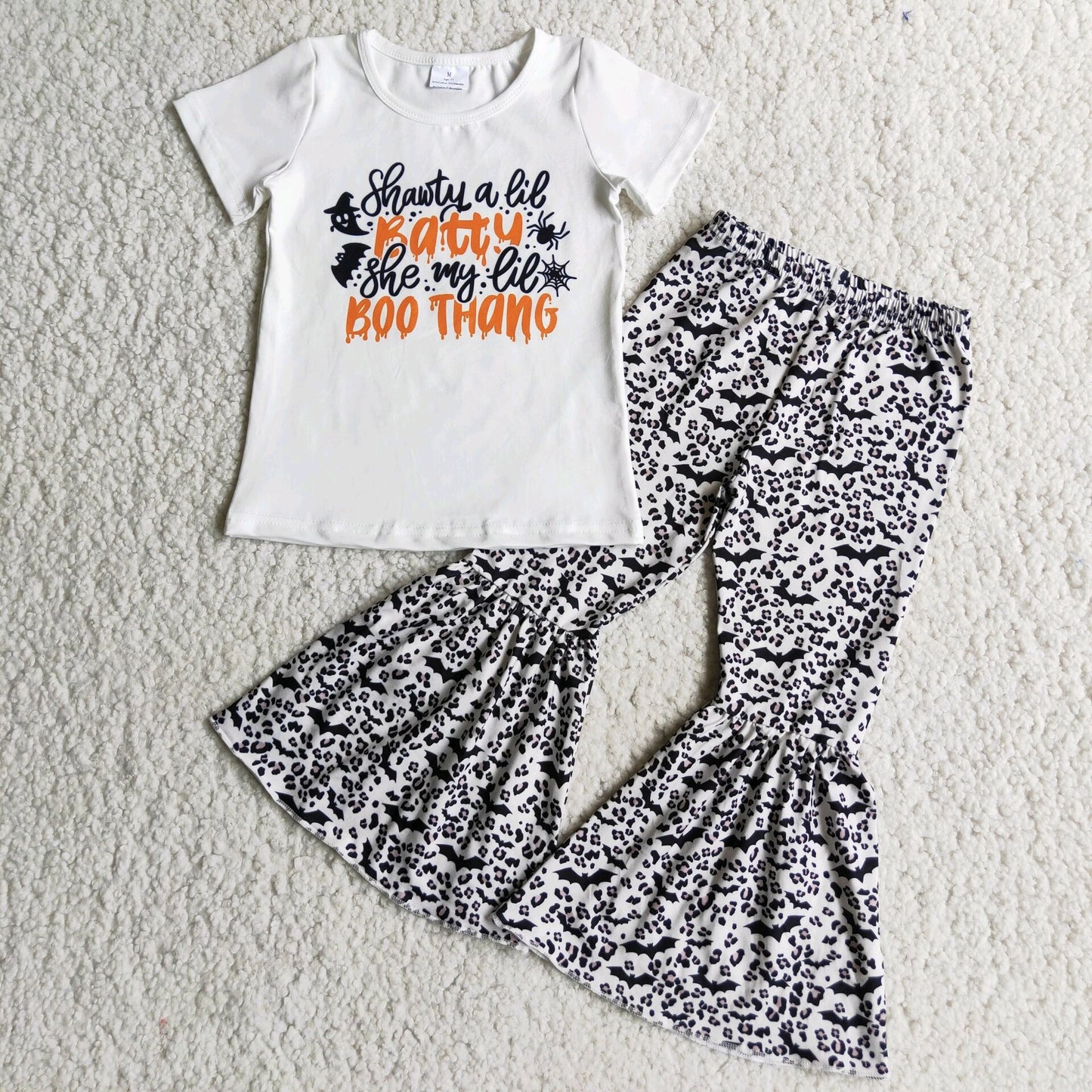 0905 RTS halloween girl letter bats leopard white short sleeve bell bottom pant outfit