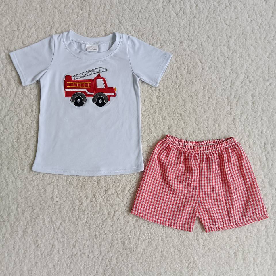 PROMOTION Firetruck embroidery white red plaid boy short sleeve shorts outfits