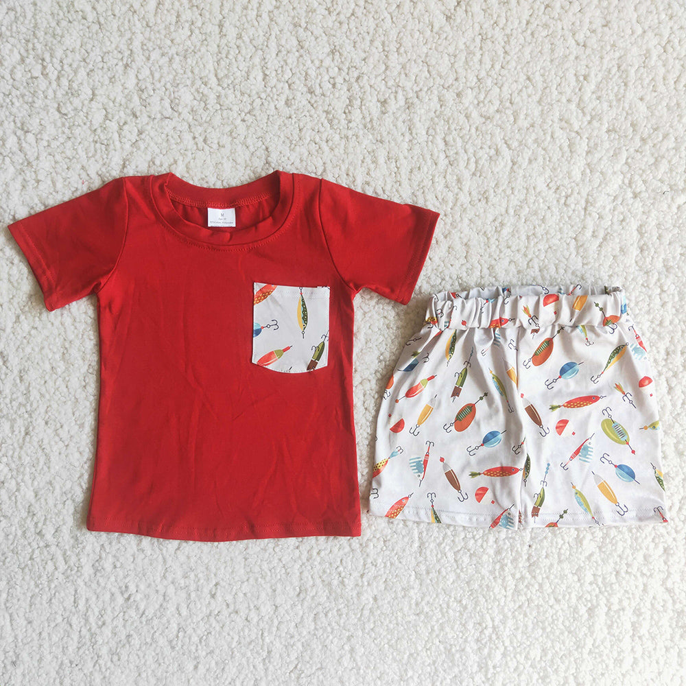 promotion A13-12  Fishing pocket red pattern short sleeve shorts set outfits  202405