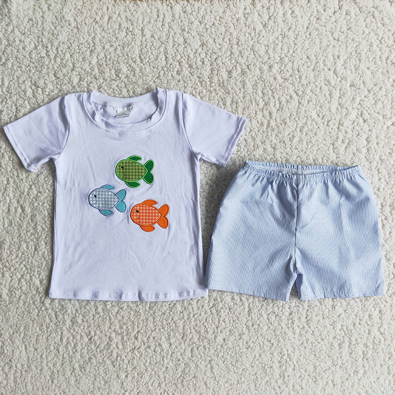 Fish embroidery white blue boy short sleeve shorts outfits