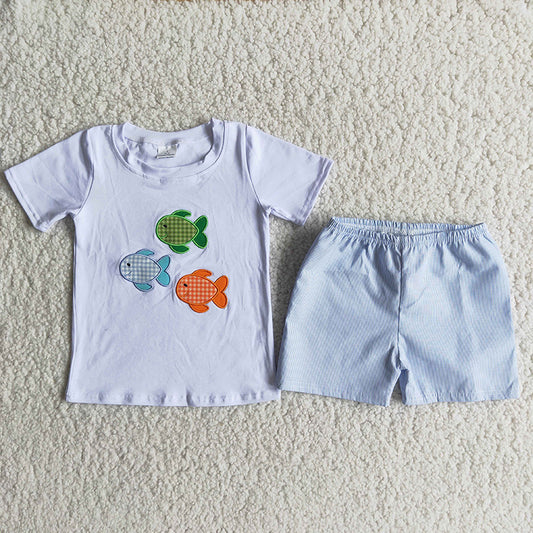 Fish embroidery white blue boy short sleeve shorts outfits