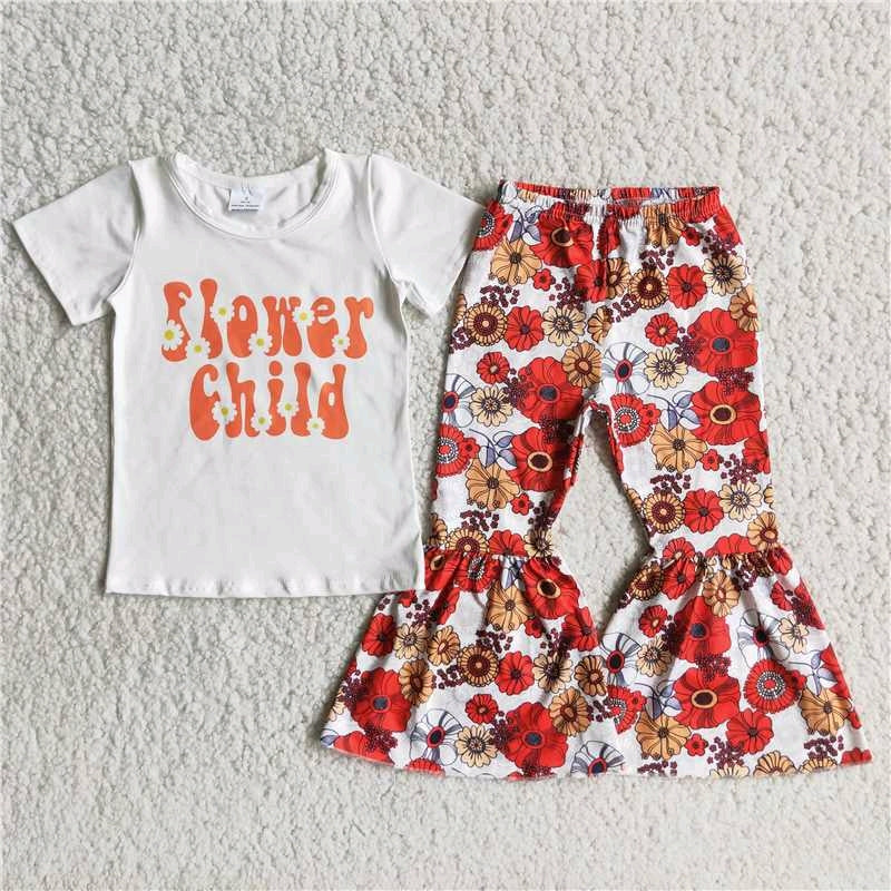 promotion C9-14 flower letters  short sleeve bell bottom pant girl outfit