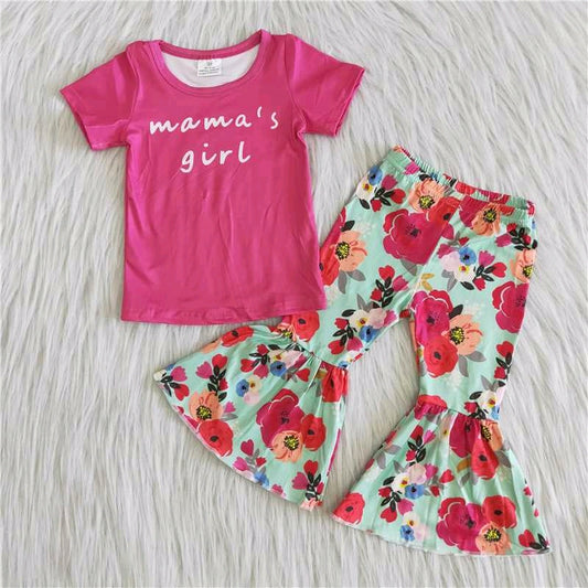 mama's girl letters hotpink flower short sleeve bell bottom pant girl outfit