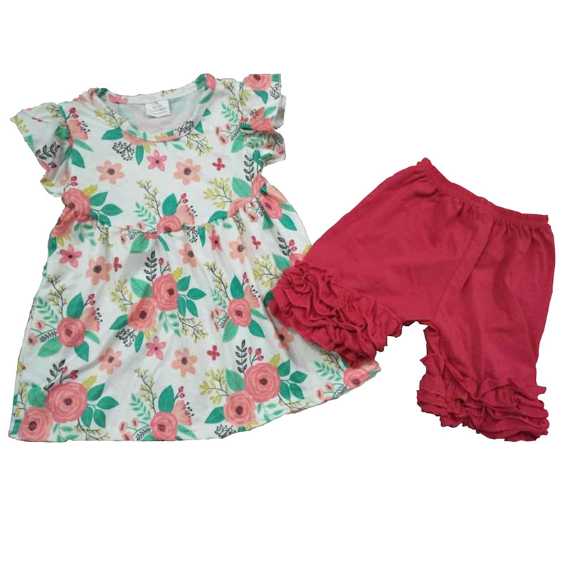 Floral green puffy red ruffles girl short sleeve shorts outfits