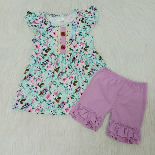 Floral button lace puffy purple ruffles girl short sleeve shorts outfits