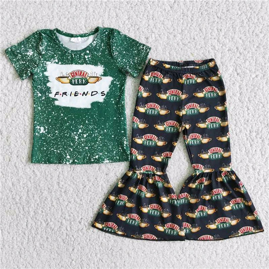 friends letters green dot short sleeve bell bottom pant girl outfit