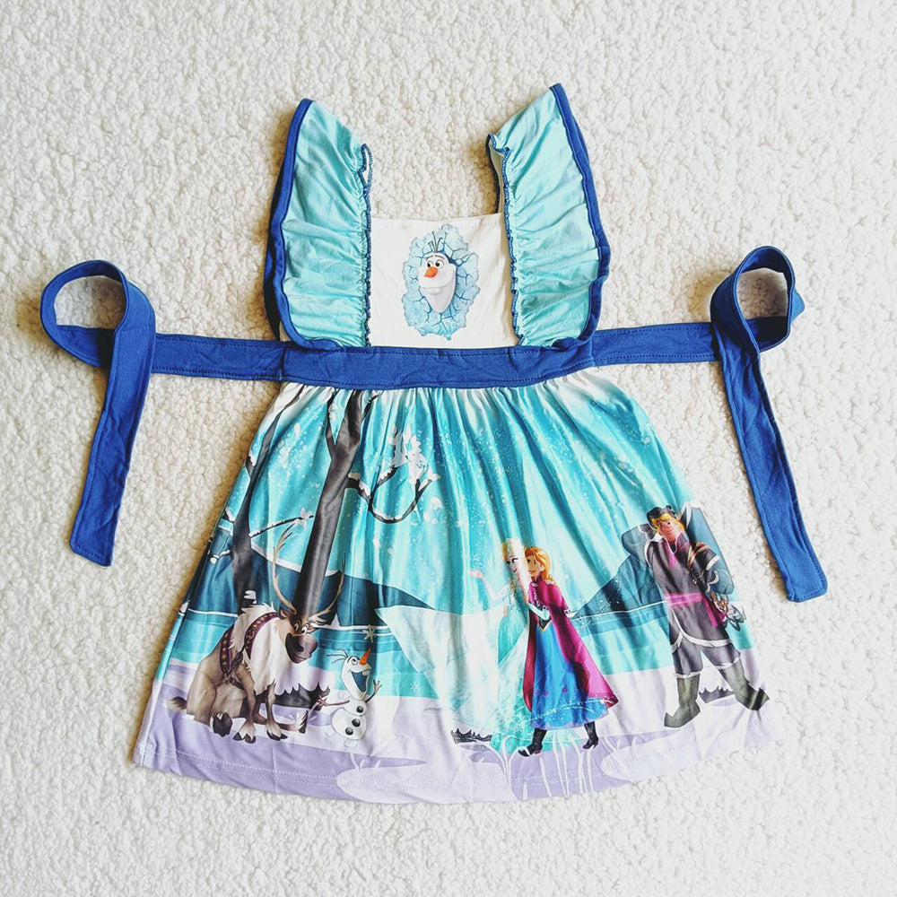 cartoon princess belt blue puffy short sleeve dress