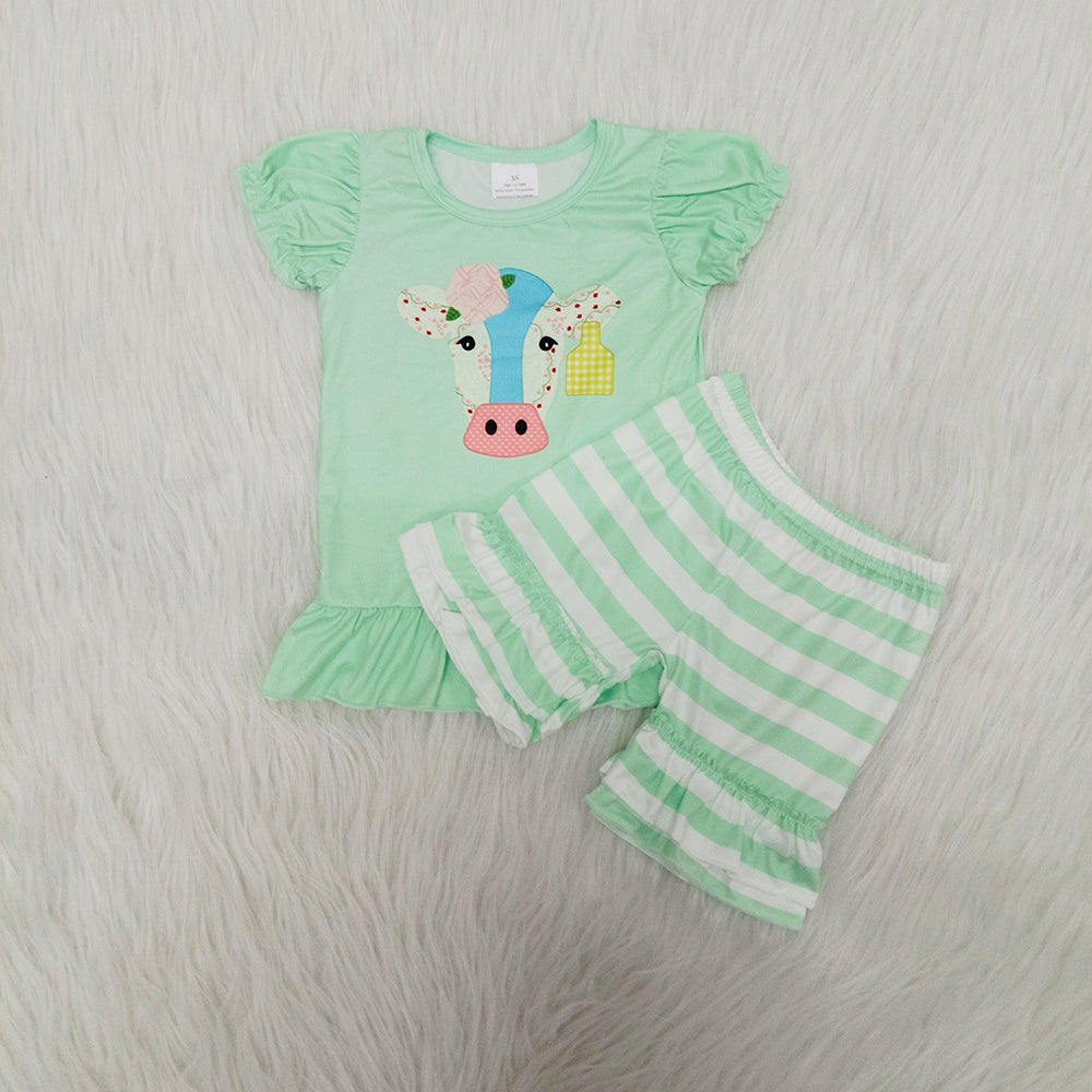 Cow head green top stripe ruffles short pants set