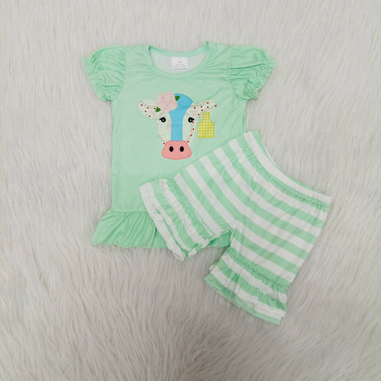 Cow head green top stripe ruffles short pants set