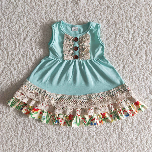 Flowers lace button blue sleeveless dress