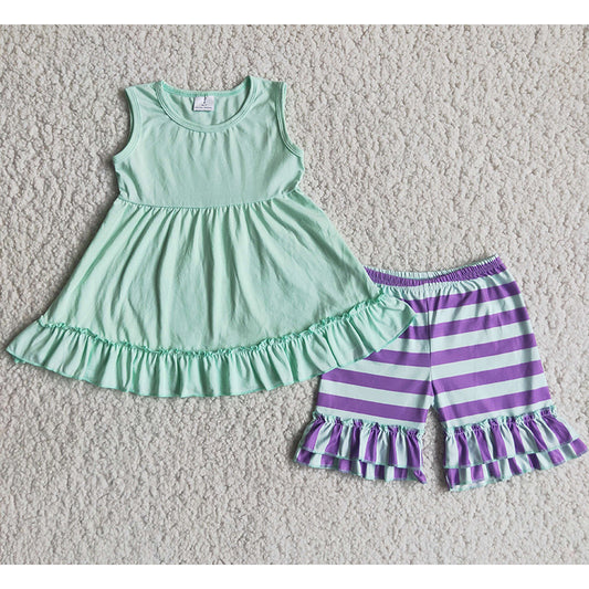 Green top purple stripe ruffles short pants set