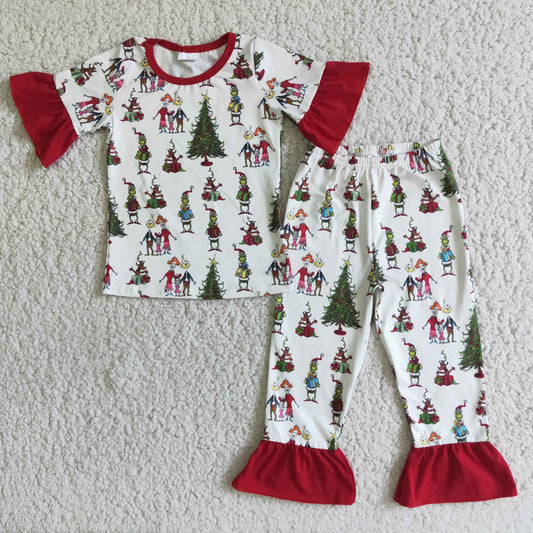 promotion D2-4 Christmas girl tree green cartoon short sleeve pajamas girl outfit 20230622 RTS