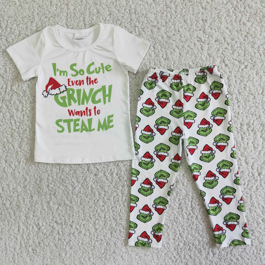 Christmas green cartoon white short sleeve legging pants outfits