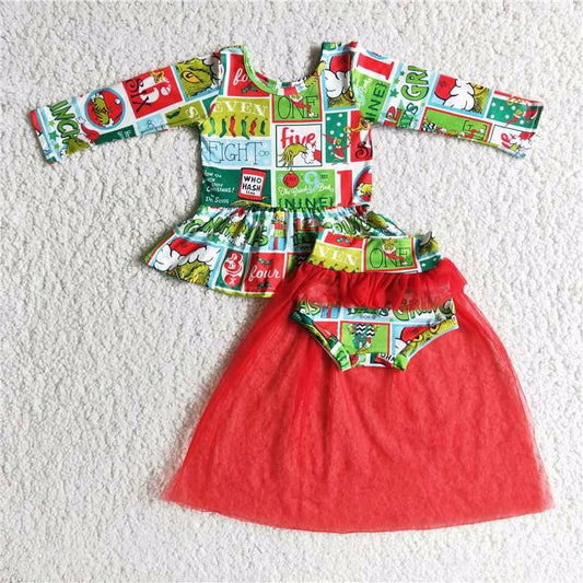 promotion 6 A20-13 Christmas green cartoon long sleeve Tulle gauze bummie girl outfit 20230613 RTS