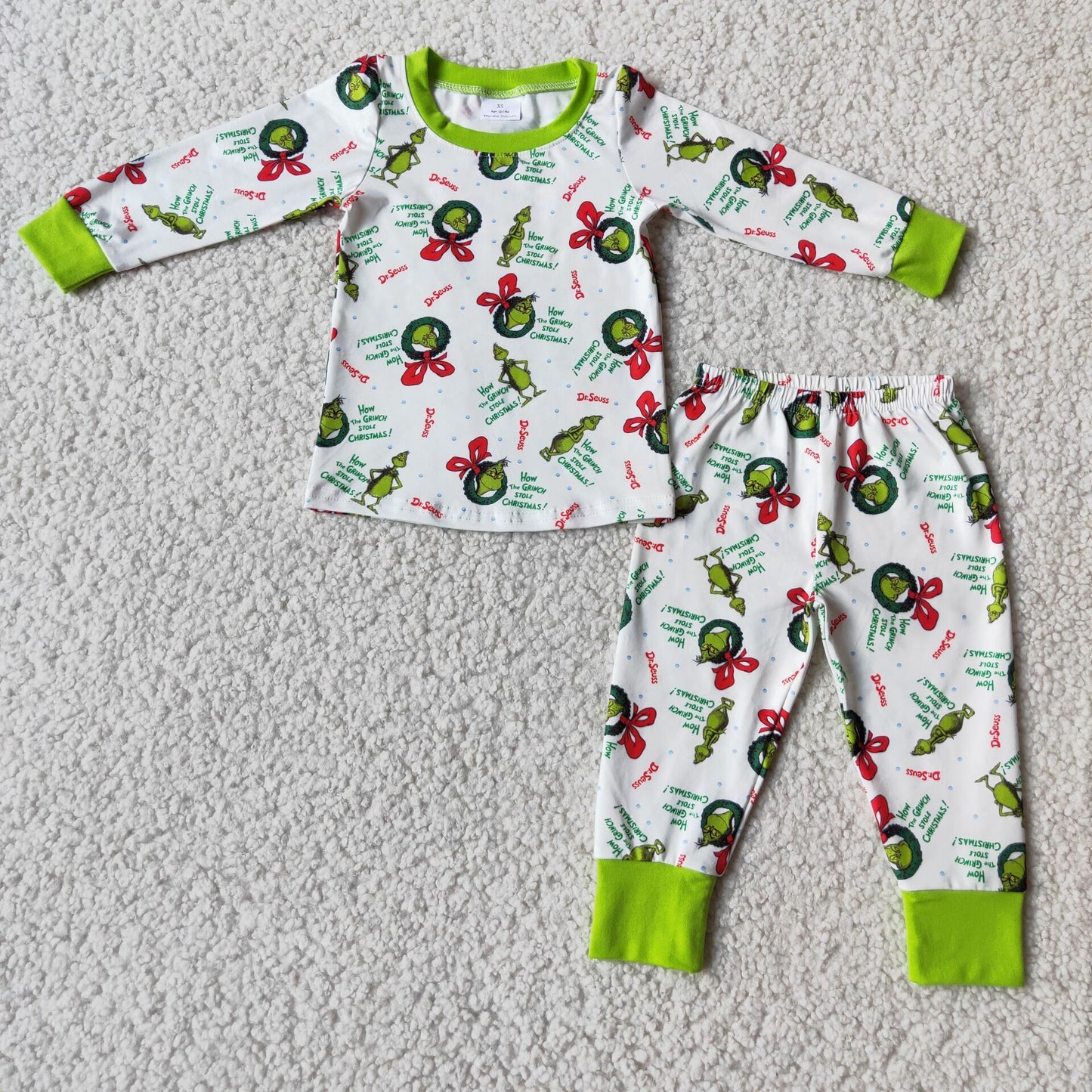 Christmas boy white green cartoon print long sleeve legging pants pajamas outfits