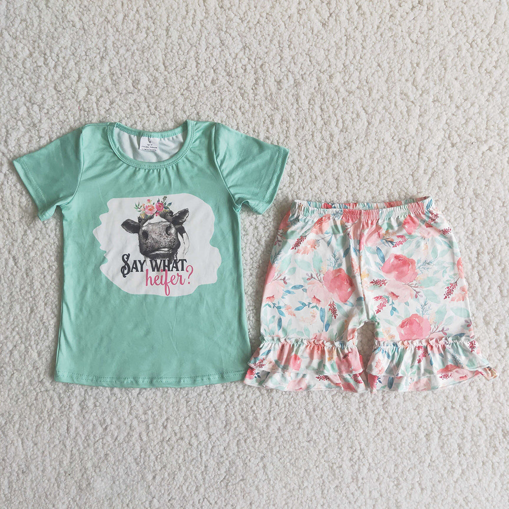 PROMOTION C4-16 Heifer cow green top floral ruffles short pants set 20230321 RTS