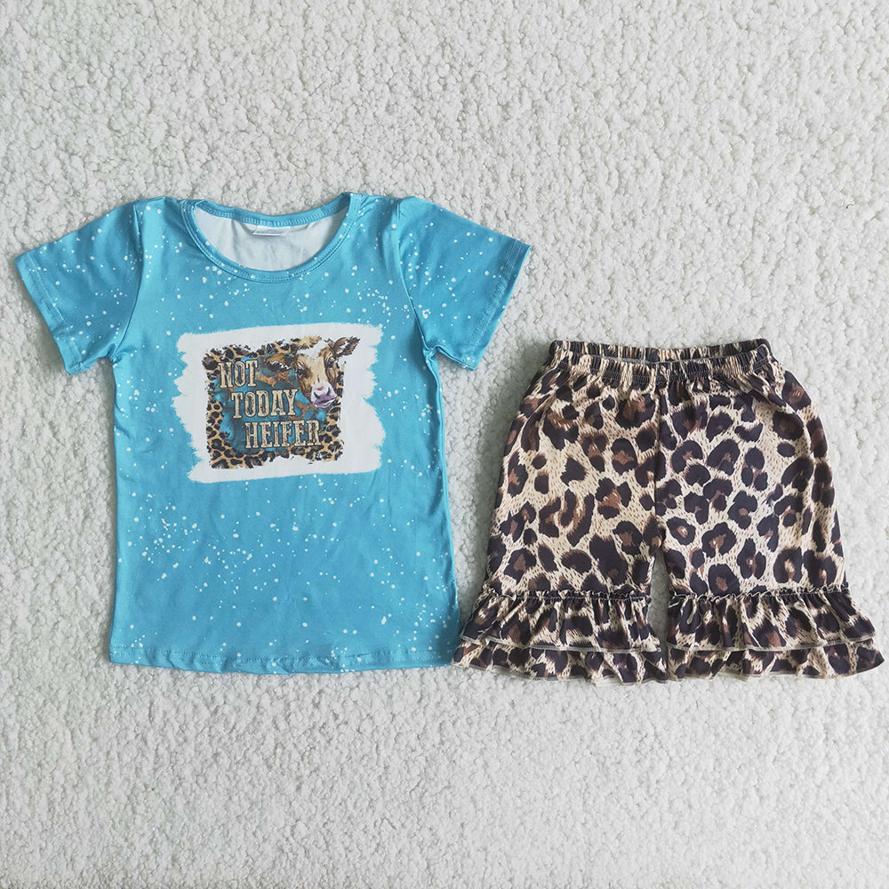 PROMOTION C5-16 Heifer cow bleaching blue top leopard ruffles short pants set 20230304 RTS