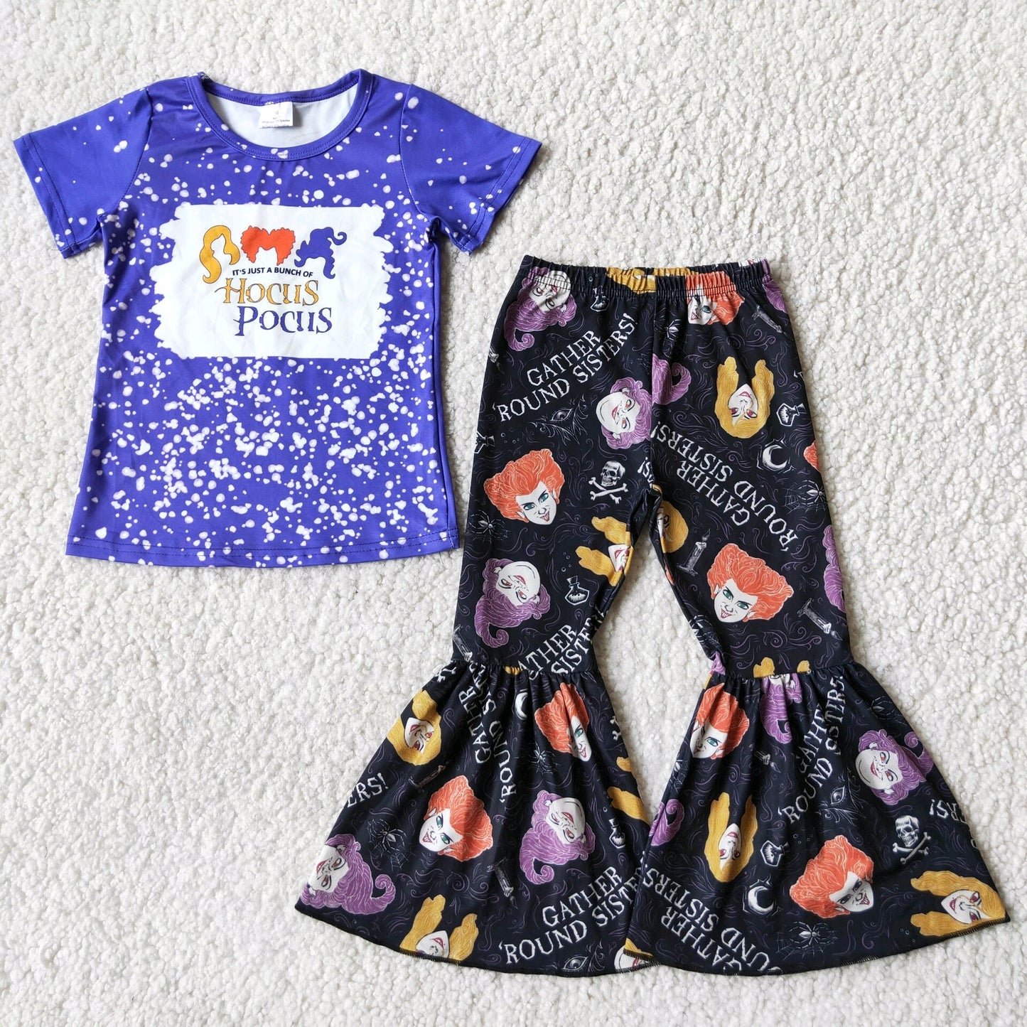 cartoon letters dot girl short sleeve bell bottom pants outfits