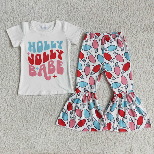 holly babe letters white short sleeve bell bottom pant girl outfit 0915 RTS