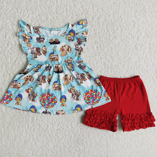 C1-1 cartoon dog balloon blue puffy red ruffles girl short sleeve girl shorts outfits 1221 rts