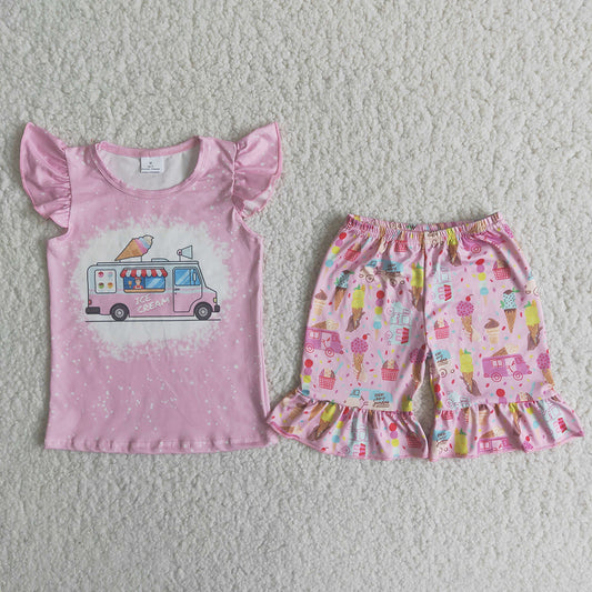 PROMOTION C6-11 Car ice cream bleaching pink ruffles short sleeve shorts outfits 20230411