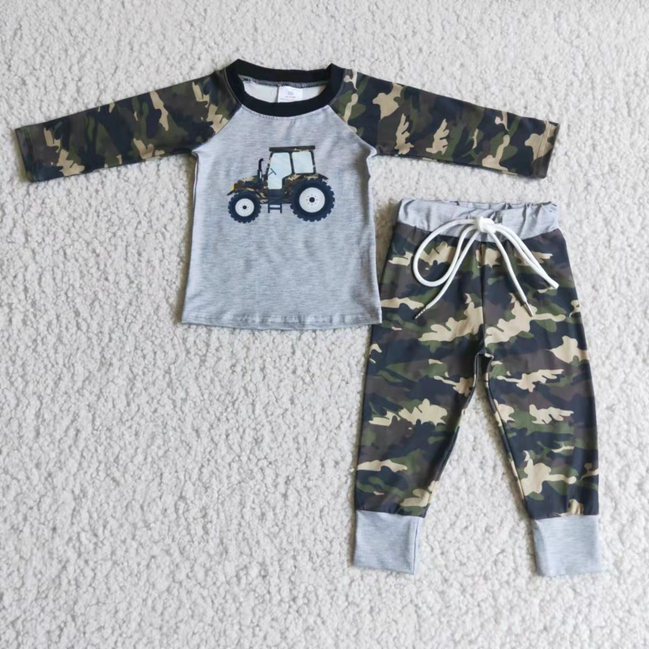 raglan top camo tractor print long pants boy outfit 1026 RTS