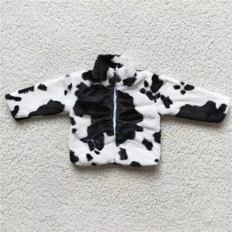 6 B0-19 Zipper plush style stand-up collar cow print soft comfortable winter coat 1114