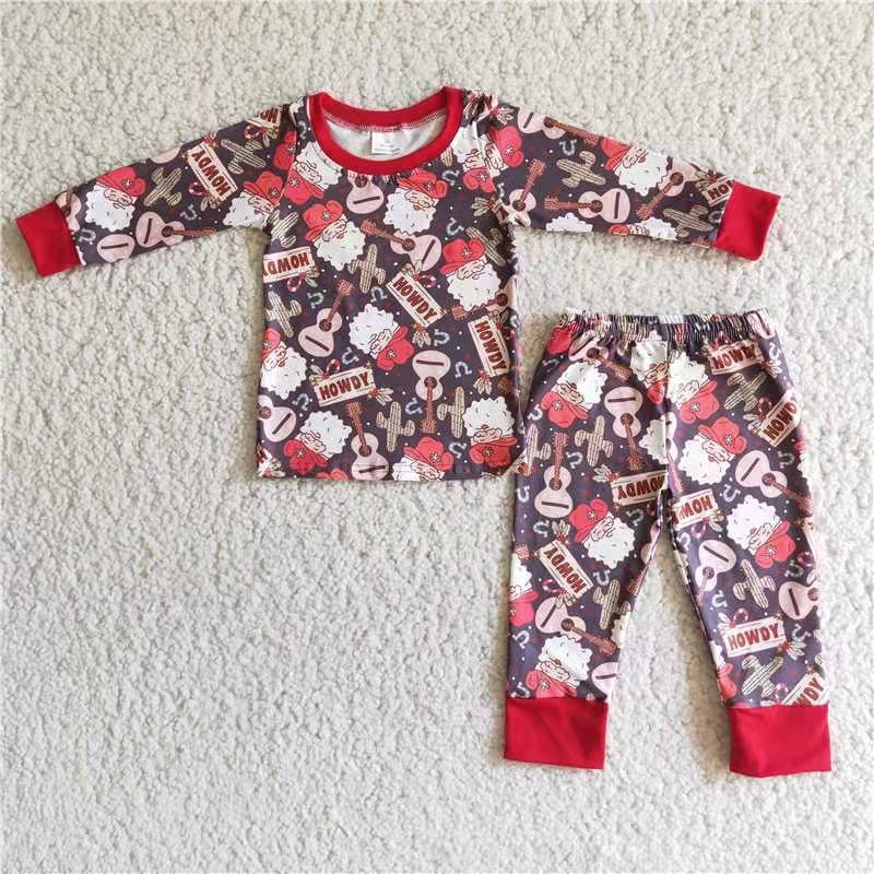 6 B4-25 Christmas guitar red santa boy long sleeve pajamas outfit 20230621 RTS