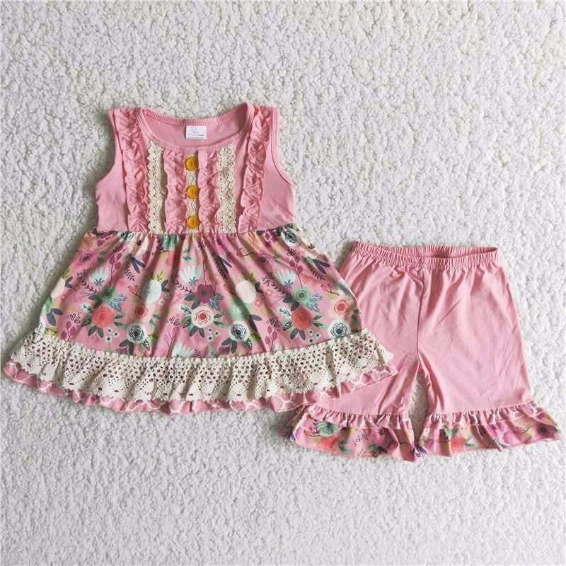 RTS pink flower sleeveless bow shorts girl outfit sets 0513