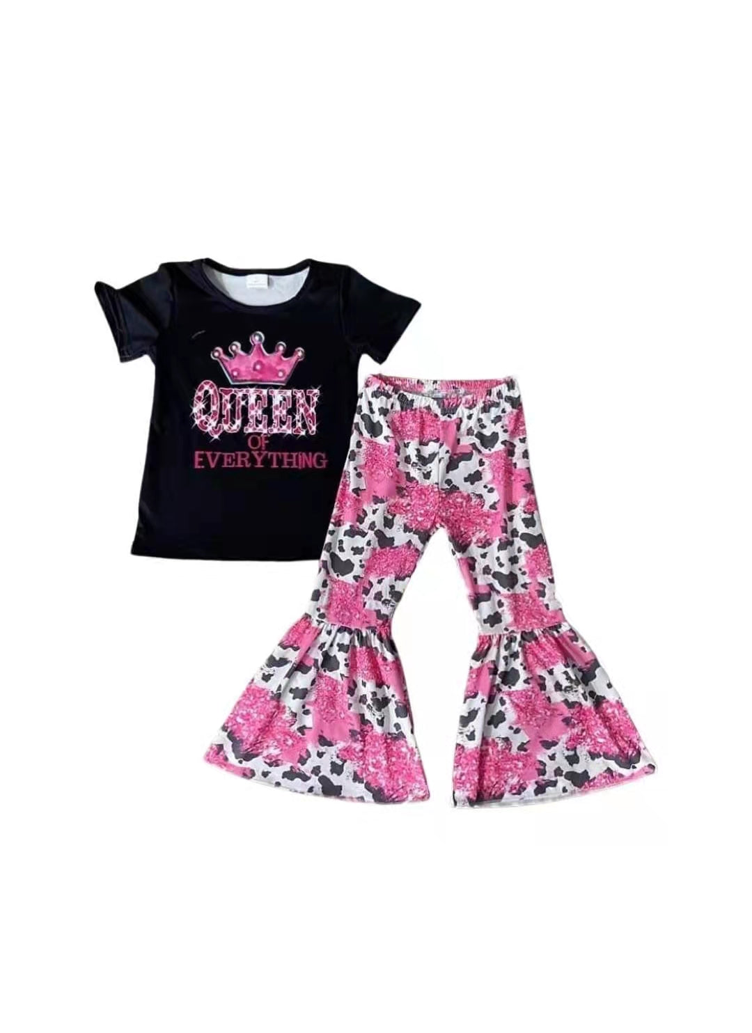 promotion B2-13 black top pink crown queen short sleeve cow bell bottom pants girl outfit 0609