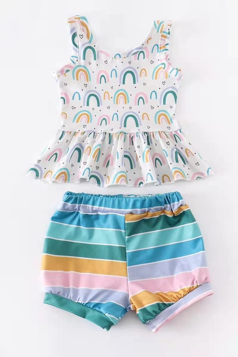 promotion rainbow top colorful stripe print shorts girl sleeveless shorts outfits 0218