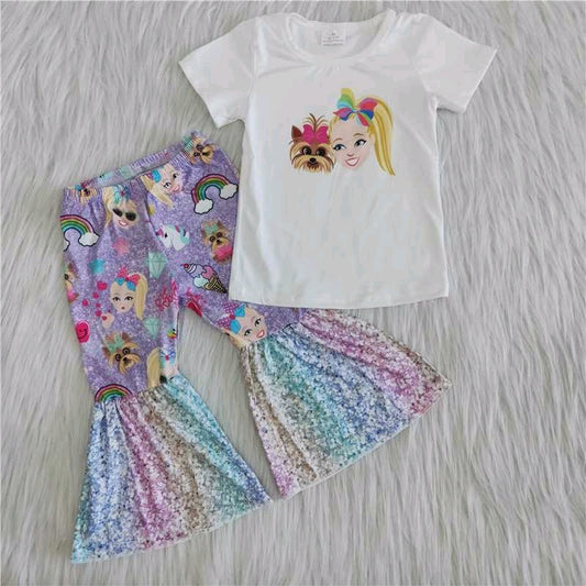 cartoon dog girl short sleeve bell bottom outfit