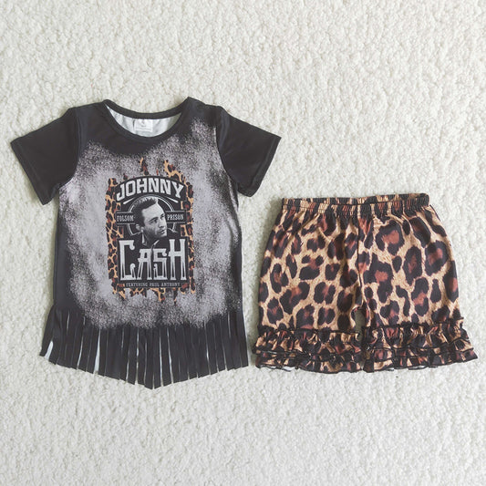 Jonny tassel black top leopard ruffles short pants set