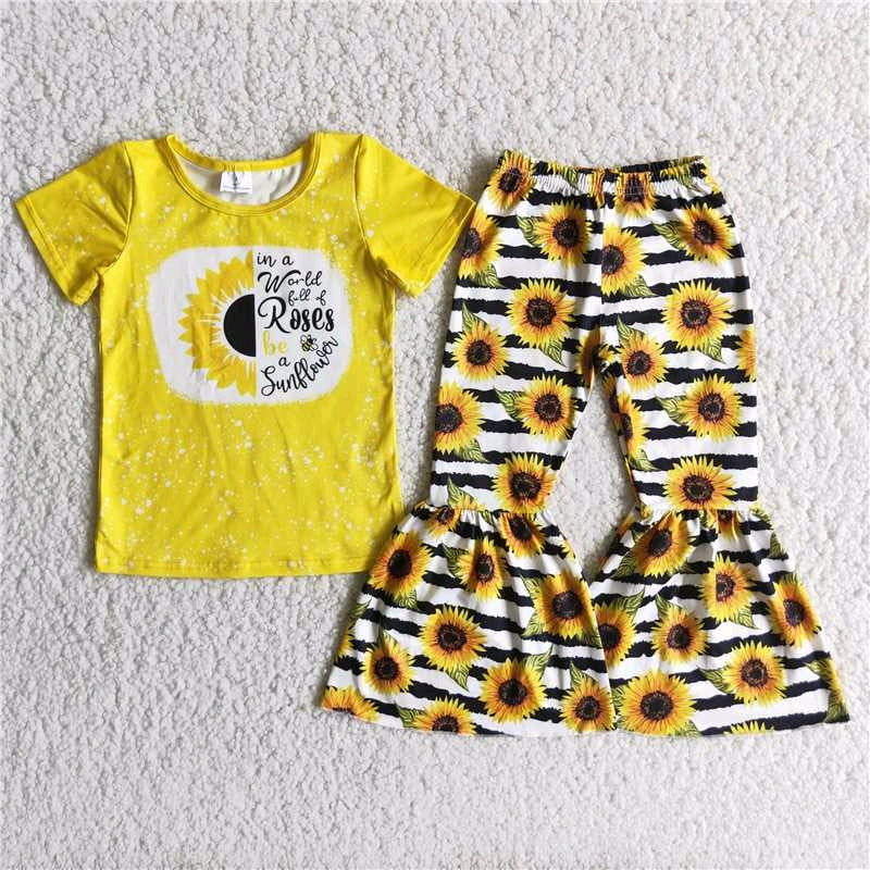 promotion  C12-12 yellow sunflowers letters stripe short sleeve bell bottom outfit 202408