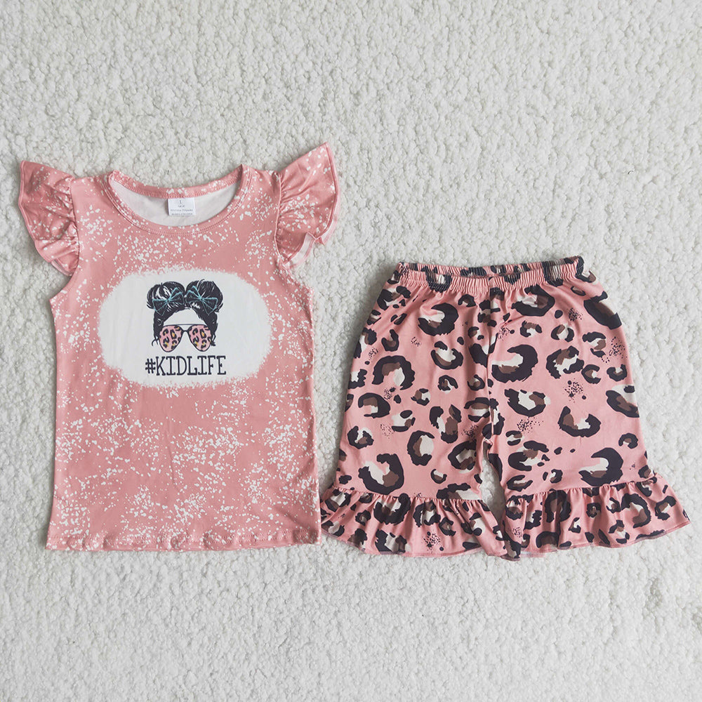 promotion price D13-12 Kid life girl pink bleaching top leopard ruffles short pants set 1221 RTS