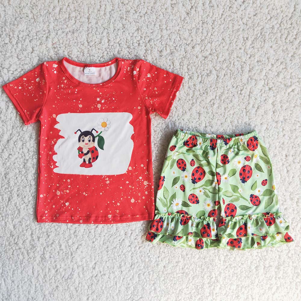 promotion C13-2. Ladubug red bleaching top green ruffles short pants set