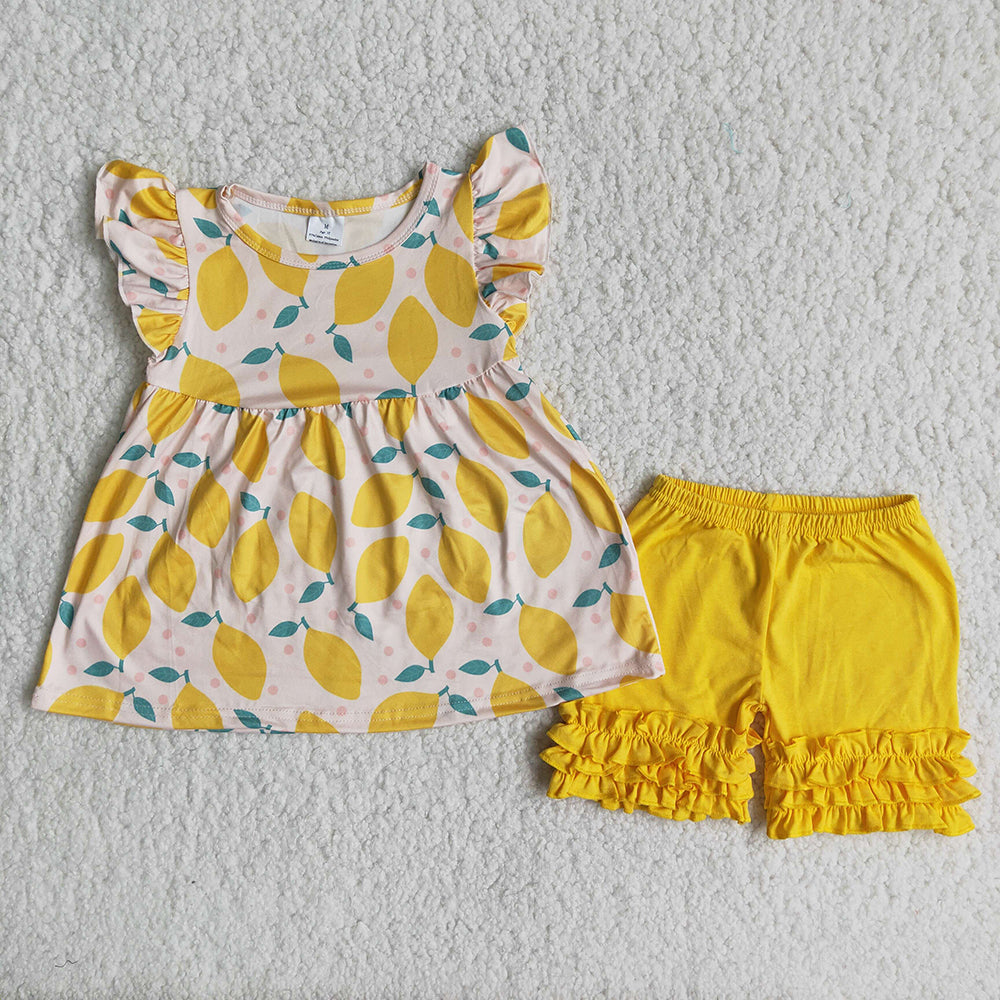 promotion Lemon puffy yellow ruffles girl short sleeve shorts outfits