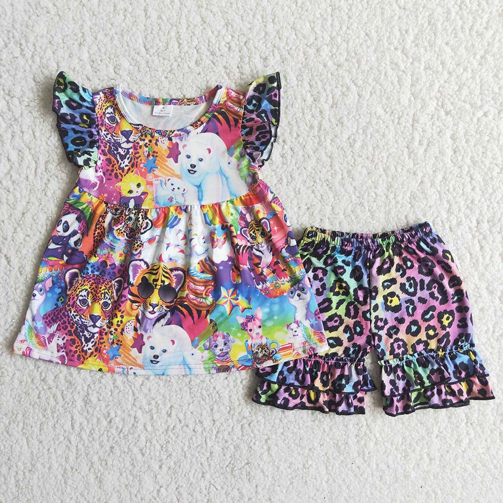 promotion price C16-3 Animal colorful puffy leopard ruffles short sleeve shorts outfits