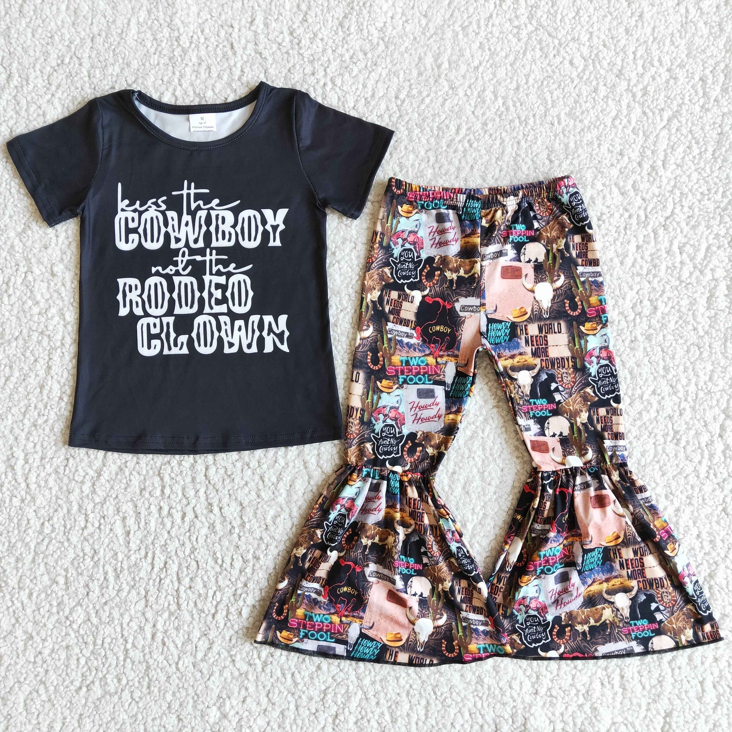 promotion cowboy rodeo letters black short sleeve bell bottom pant girl outfit