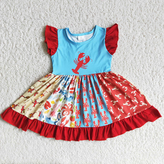 promotion RTS D12-27 cartoon Crawfish red patchwork puffy sleeveless dress