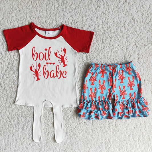 Crawfish cray red top blue ruffles short sleeve shorts set