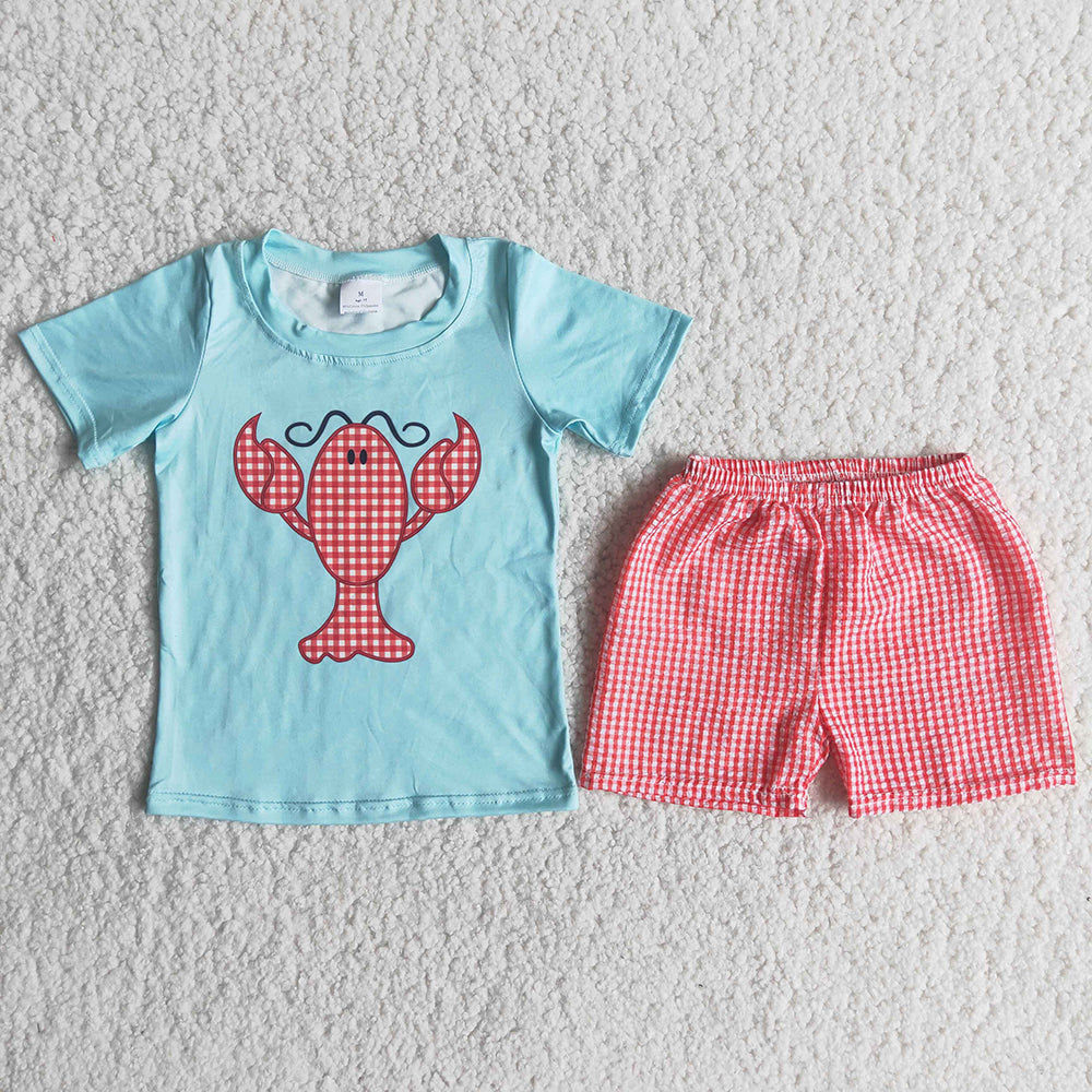 Crawfish blue top red plaid pattern short pants set