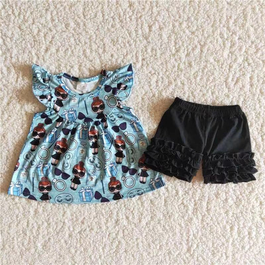 blue cartoon glasses puffy black ruffles girl short sleeve shorts outfits